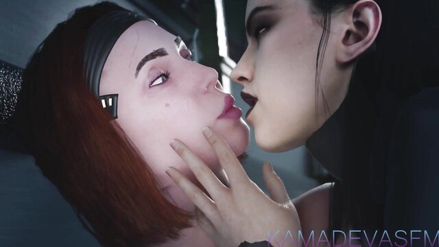 Dark Rey x Bo-Katan lesbian kiss, intense close-up face touch