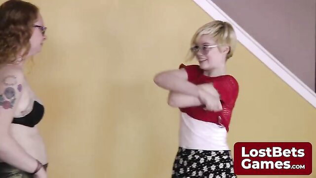 Pearl Sinclair lost bet striptease: tattooed brunette & blonde teen in glasses