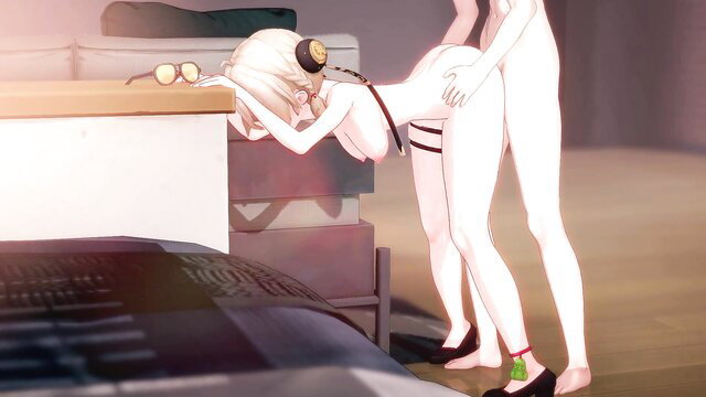 Blonde anime girl in doggy style with white-haired woman, nude hentai scene