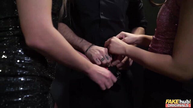 May Thai & Alexis Crystal hands on Raul Costa's cock in club threesome