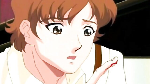 Cute anime maid with brown hair shocked expression in lewd hentai scene