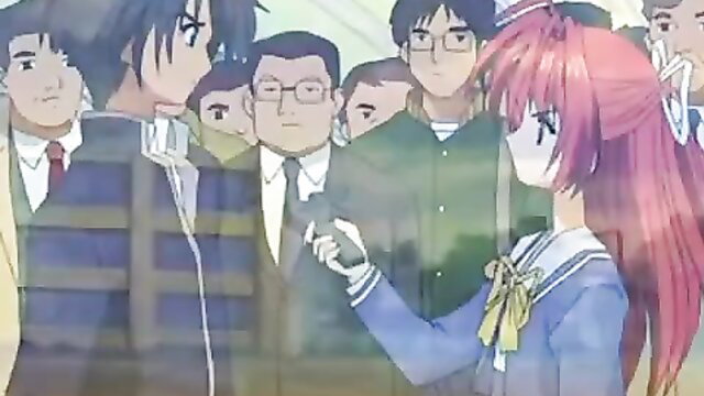 Anime hentai girl in school uniform surrounded by pervy guys in gangbang scene