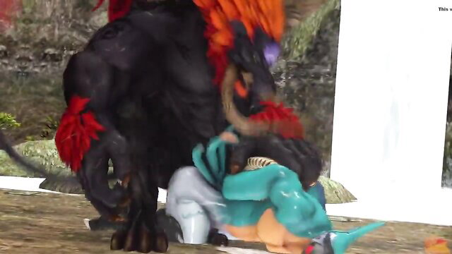 Anthro dragon Kass fucks turquoise monster girl outdoors in Monster Hunter hentai