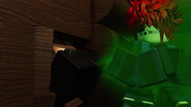 Roblox noob green avatar with fiery red hair in wooden room scene