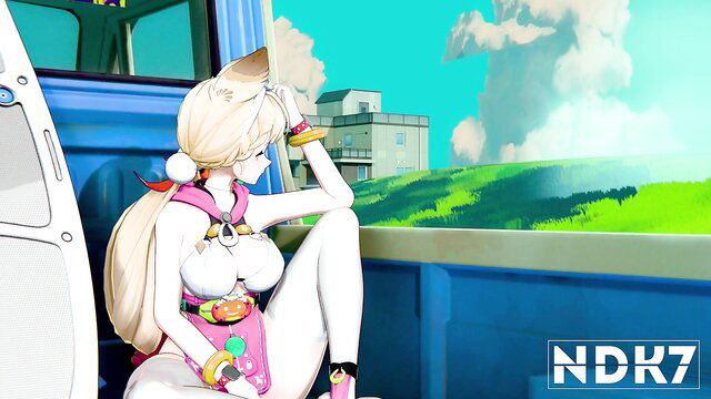 Blonde anime girl with huge tits sits topless on truck at beach