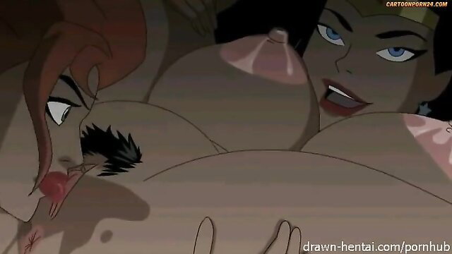 Hawkgirl fucked by Batman and Wonder Woman cartoon porn threesome
