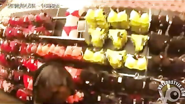 Chubby chick no panties in store, flashing pussy at lingerie racks