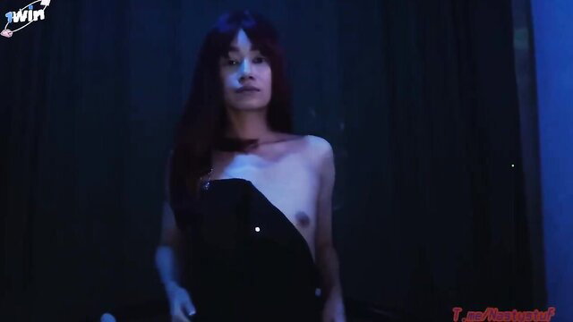 Topless Asian woman with long dark hair in seductive pose, Blade Runner JOI tease