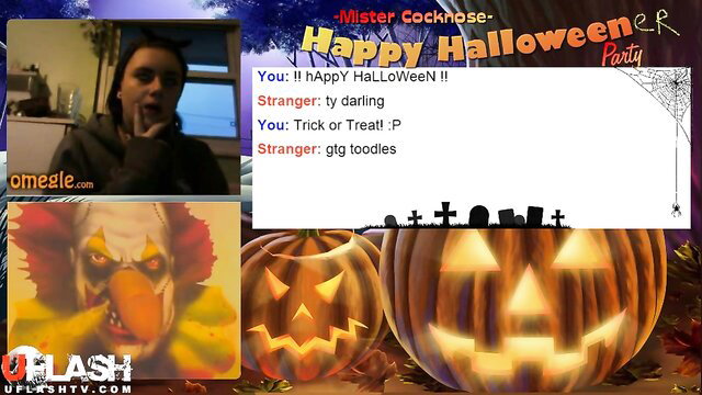 Amateur Halloween party girl teases in costume with clown at Mr. Cocknose event