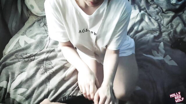 MollyRedWolf in white tee on bed, teasing stepsister vibe