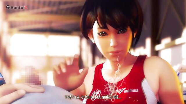 Asian JAV swimmer girl cumshot on face in red tank top