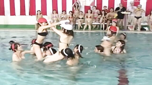 JAV topless Japanese babes in huge pool cavalry charge game