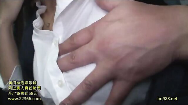 JAV NHDTA-796 censored closeup hand groping Asian woman's large tits in unbuttoned white blouse