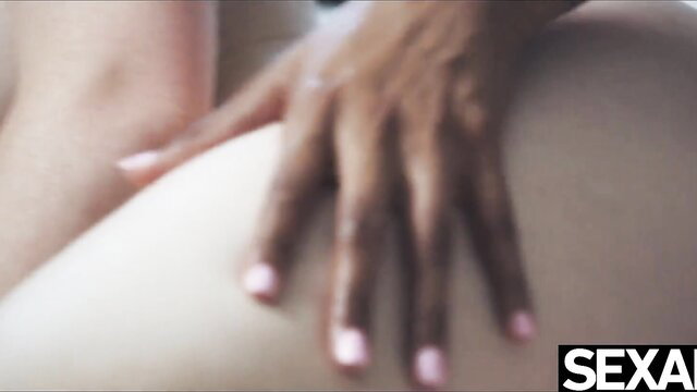 Belinda Sweet grabs thigh in hot interracial lesbian pussy eating