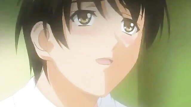 Cute Japanese anime boy with green eyes, blushing face closeup
