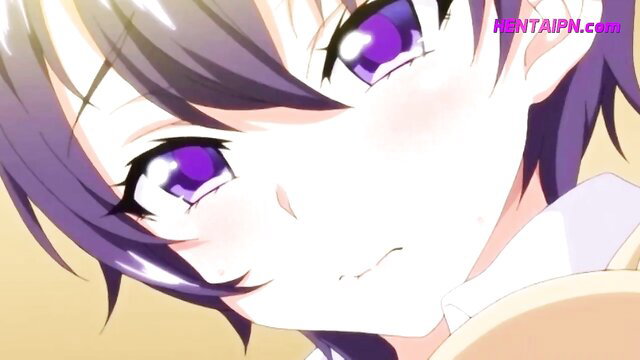 Purple-eyed anime girl Mako-chan blushing closeup from hentai Ep.2