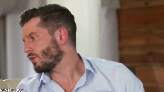 Chanell Heart profile view in blue shirt, Penthouse star closeup