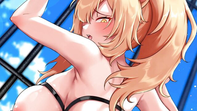 Blonde anime girl in black bikini posing seductively outdoors from Siege [FoxyReine]
