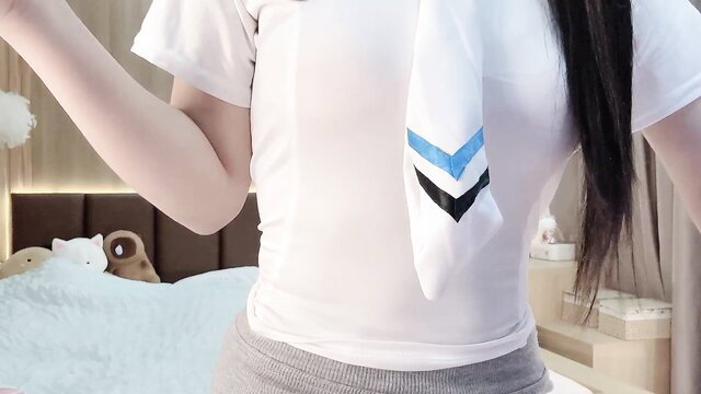 VIVIAN247 hot Asian babe in tight white crop top and gray shorts, teasing pose