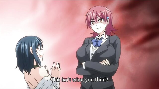 Busty redhead hentai teen in suit scolds blue-haired girl, teasing tittyfuck