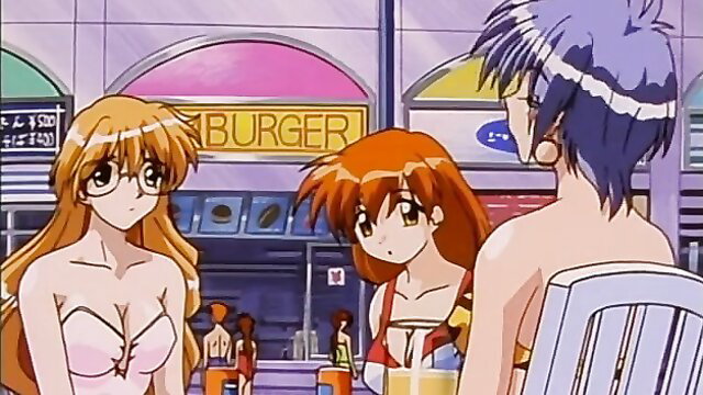 Pia Carrot 2 Ep.3 anime girls in bikinis at burger joint
