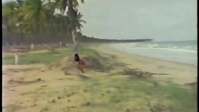 Retro Pippi-Squaw squatting nude on tropical beach, Wara 67
