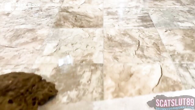 Amateur scat slut shitting on bathroom floor closeup