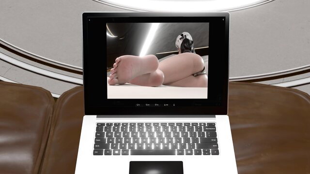 Eve & YorHa 2B cosplayer bare feet soles upskirt on laptop screen