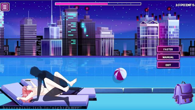 Two naked babes scissoring on rooftop pool at night