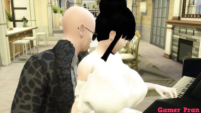 Bald boss gropes busty Asian milf maid playing piano in hentai parody