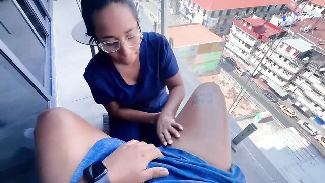 Asian stepmom in nurse uniform gets thigh massage on balcony