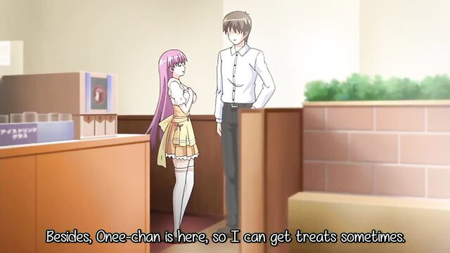 Busty purple-haired anime teen in skirt with man in public bathroom