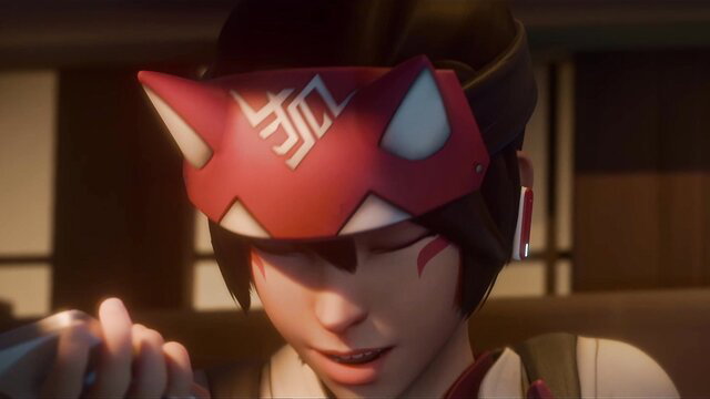 Kiriko cosplay girl in red demon mask headband closeup face view