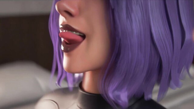 Purple-haired punk babe licks lips seductively in glossy latex collar