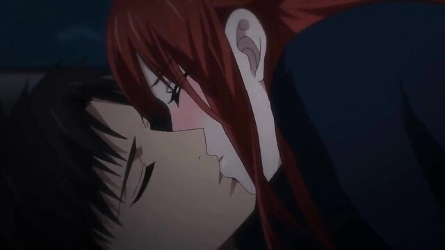 Redhead anime girl passionately kissing guy in Yubisaki kara Honki no Netsujou 2 Ep.7