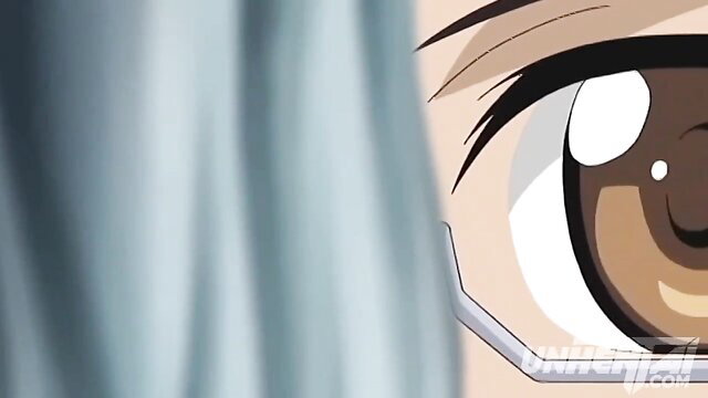 Closeup of sexy nurse's hazel eye with glasses and blue hair in JAV