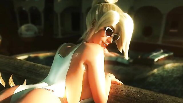 Blonde Overwatch babe in skimpy white swimsuit, big ass poolside tease