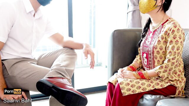 18yo Desi girl in salwar kameez sits with boss, Hindi audio thumbnail