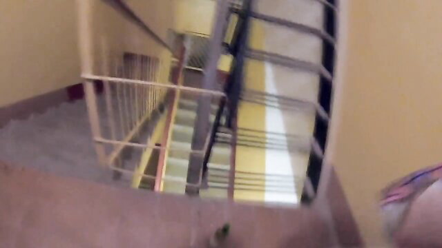 POV stairwell view of European girl's ass in thong climbing steps