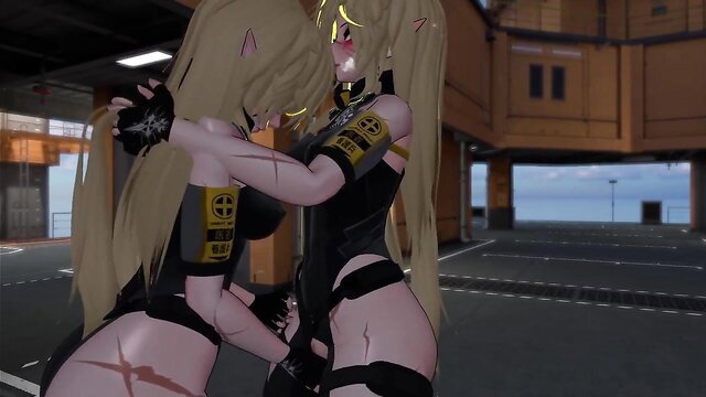 Twin blonde anime catgirls in skimpy black latex bodysuits embrace lewdly