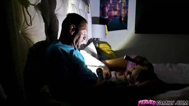 Dad in blue shirt fucks girl in bed, POV phone light, perved family