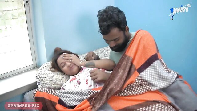 Desi couple hot spooning sex, bearded man grabs busty woman's tits