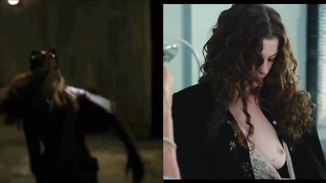 Curvy brunette superhero Catwoman undressed in sheer blouse vs catsuit