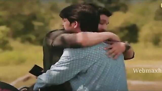 Two handsome Indian men in emotional hug outdoors, Ullu series Dil to Bachha hai
