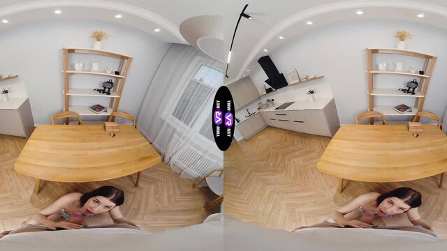 Petite brunette Viola Weber nude on kitchen floor in VR POV