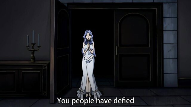 Purple-haired anime valkyrie in white dress stands before dark doors in Ikusa Otome Valkyrie Ep.2