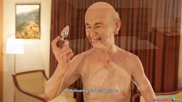 Bald elderly Asian man grinning nude holding spoon in JAV Temptation Ep 10