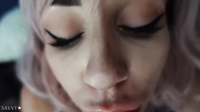 Closeup of Savvy Star's seductive eyes and parted lips in Rawdogging Mommy