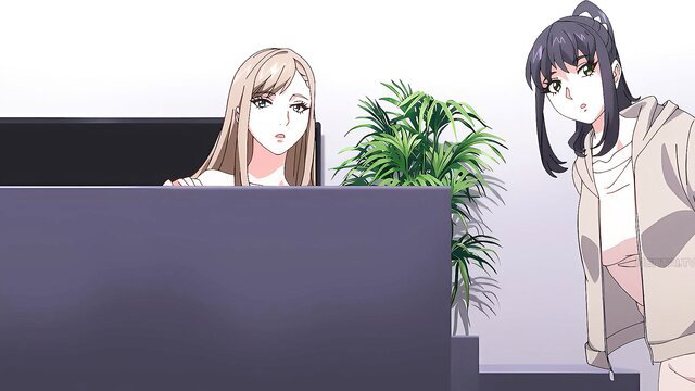 Two cute anime girls at reception desk in share house JAV Ep.1