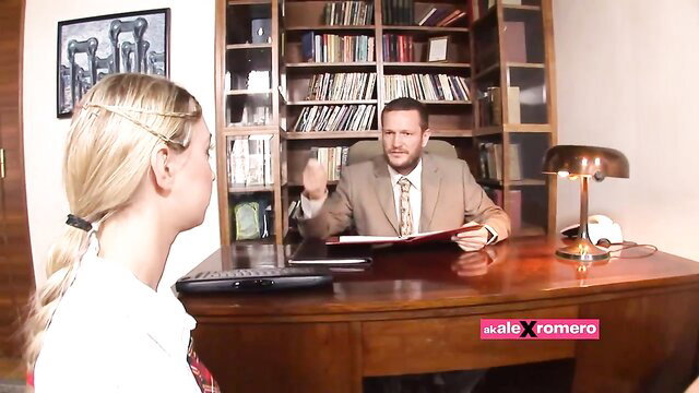 Morgan Moon in schoolgirl outfit with Ian Scott in office HD clip